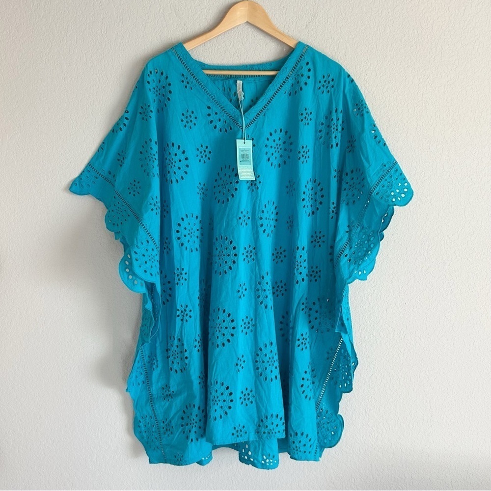 Sea Level Swim Embroidered Kaftan Tunic Cover-Up Seafoam Blue Vacation Large